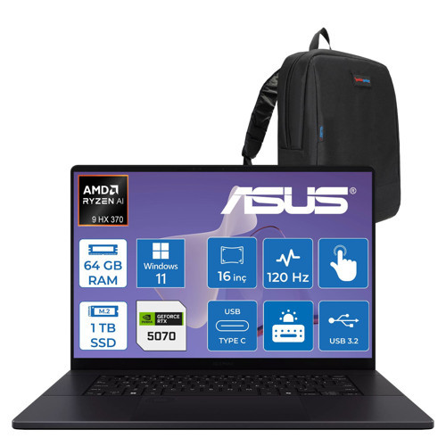 Proart P16 WH7606WX Amd Ryzen Aı 9 Hx 370 64GB Ddr5 1tb SSD Windows 11 Home RTX5070 8gb Gddr7 16 Inç Dokunmatik 3k (2880 x 1800) OLED 0.2ms 120Hz 500NITS WRJ088WWH02 + Zetta Çanta
