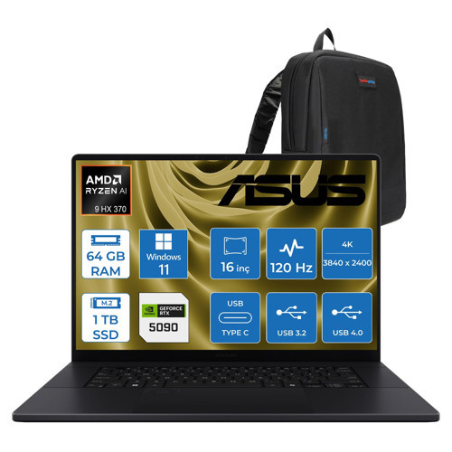 Proart P16 WH7606WX Amd Ryzen Aı 9 Hx 370 64GB Ddr5 1tb SSD Windows 11 Home RTX5090 24GB Gddr7 16 Inç Dokunmatik 4K(3840 x 2400) OLED 0.2ms 120Hz 1600NITS WSE039WH02 + Zetta Çanta