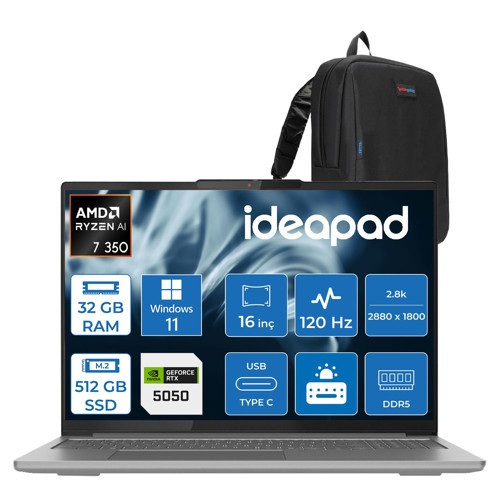 Ideapad Pro 5 16AKP10 Amd Ryzen™ Aı 7 350 32GB Ddr5 512GB SSD Rtx™ 5050/8GB 16" 2.8k (2880X1800) OLED 1100NITS 120Hz WIN11HOME Taşınabilir Bilgisayar 83JN003BTRH12+ZETTAÇANTA
