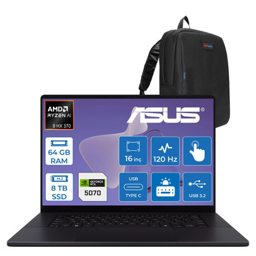 Proart P16 WH7606WX Amd Ryzen Aı 9 Hx 370 64GB Ddr5 8tb SSD Freedos RTX5070 8gb Gddr7 16 Inç Dokunmatik 3k (2880 x 1800) OLED 0.2ms 120Hz 500NITS WRJ088WWF06 + Zetta Çanta