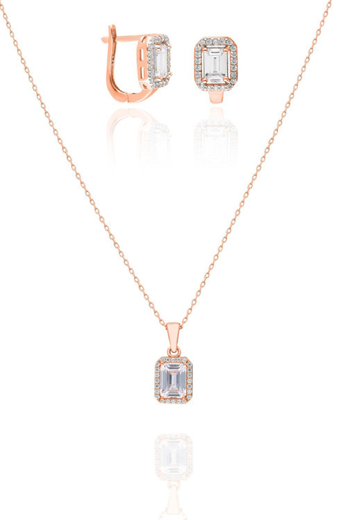 Baget Taşlı Gümüş Set Rose Baget Modeli Kadın Küpe ve Kolye SET-427
