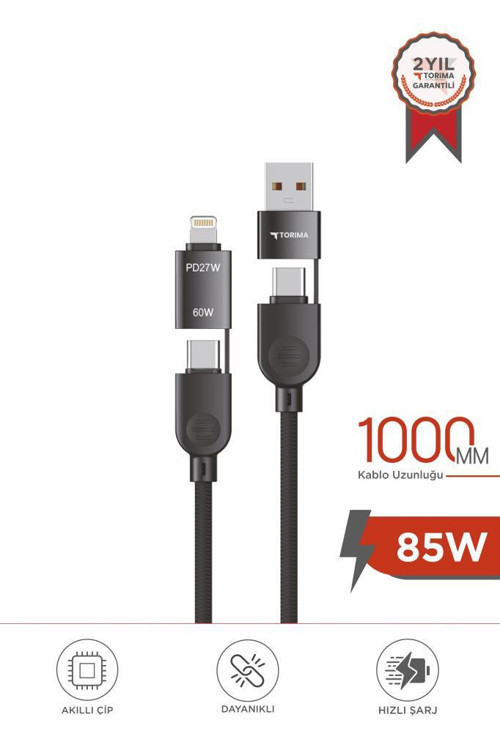 U17 Siyah 4-in-1, Type-C To Type-C And Ligthning -USB Çoklu Değiştirilebilir Başlıklı 100cm - 85w Hızlı Şarj Ve D