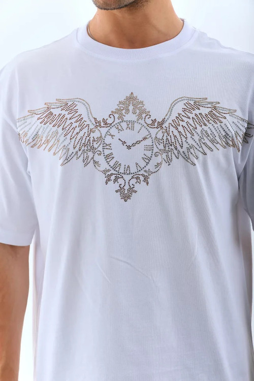 Unisex Oversize Taşlı Bisiklet Yaka TShirt