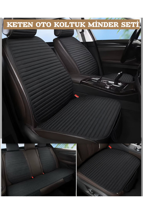 Keten Cepli &Terletmez Oto Koltuk Minder Seti -Koltuk Koruma Kılıfı-Ön Ve Arka Koltuk Tam Set(Siyah)