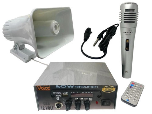 Pazarcı Ses Sistemi Takım Set 12V USB Amfi+50W Horn Hoparlör+Mikrofon