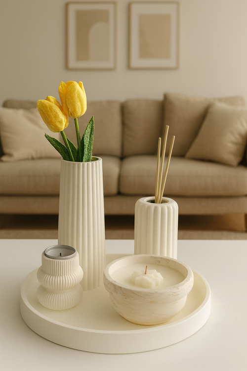 Dekoratif Beton Set – Vazo, Mumluk, Oda Kokusu ve Tepsi | Minimalist Ev Aksesuarları