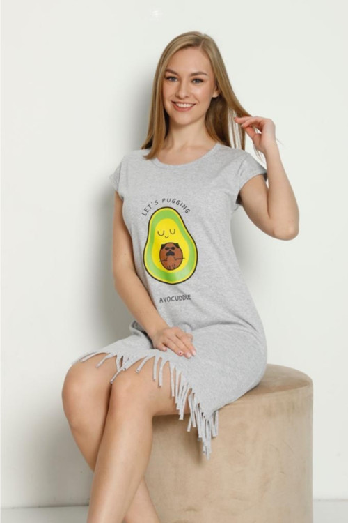 Avokado Desenli Penye Pamuklu Günlük Elbise
