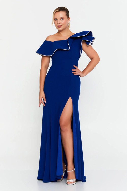 Kadın Büyük Beden Tek Omuz Volan Detaylı Derin Yırtmaçlı Uzun Abiye Elbise 8336 Saks