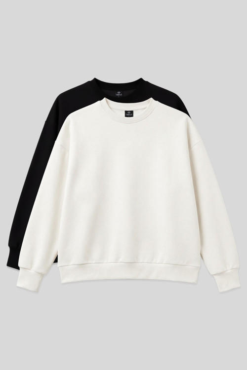 Basic Oversıze O Yaka 2li Paket Siyah-Ekru Kadın Sweatshirt - 97053