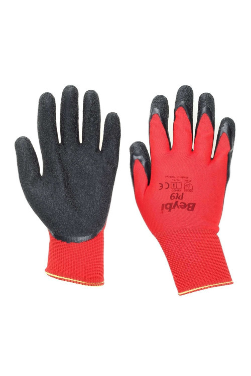 Beybi Pl9 Polyester Örme Lateks Eldiven Camcı Eldiveni Kaymaz No:10 12 Çift