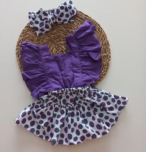 Kız Bebek Mor Lila Böğürtlen Desenli Fırfırlı Salopet Bandana Takım