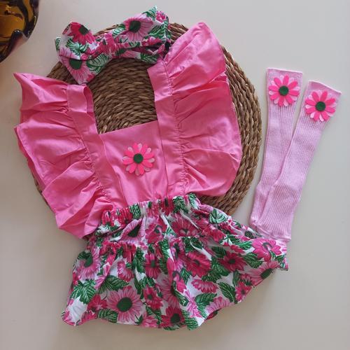 Kız Bebek Pembe Ayçiçeği Desenli Fırfırlı Salopet Bandana Figürlü Çorap Takım