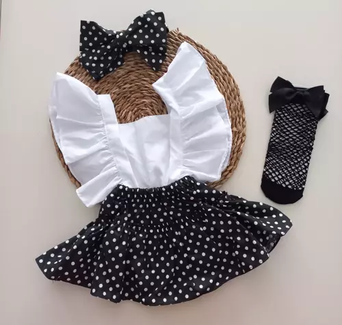 Kız Bebek Siyah Puantiye Desenli Fırfırlı Salopet Bandana File Çorap Takım