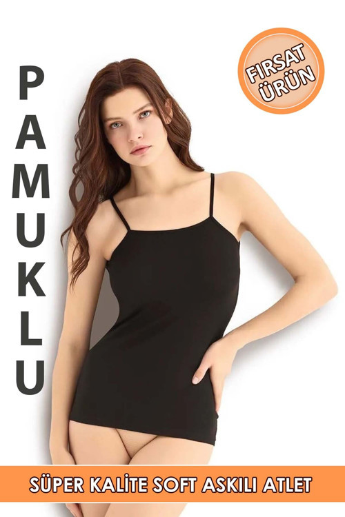 Kadın Siyah Pamuklu Likralı İp Askılı Atlet/503