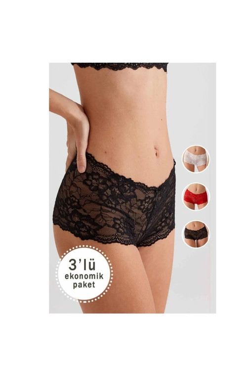 3'Lü Ekonomik Paket Siiyah - Kırmızı - Ekru 2132 Fantezi Danteli Short - Boxer Külot