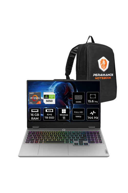 LOQ Ryzen 7 250 16GB 4TB+4TB SSD RTX5050/8GB 100W 15.6" FHD 144Hz W11P Gaming Laptop & Çanta
