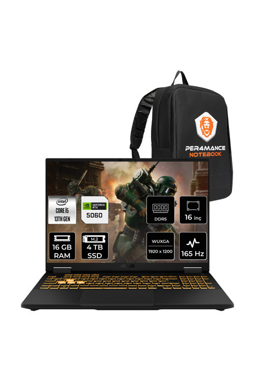TUF F16 i5-13450HX 16GB 4TB SSD RTX5060/8GB 115W 16" FHD+ 165Hz FDOS Gaming Laptop & Çanta