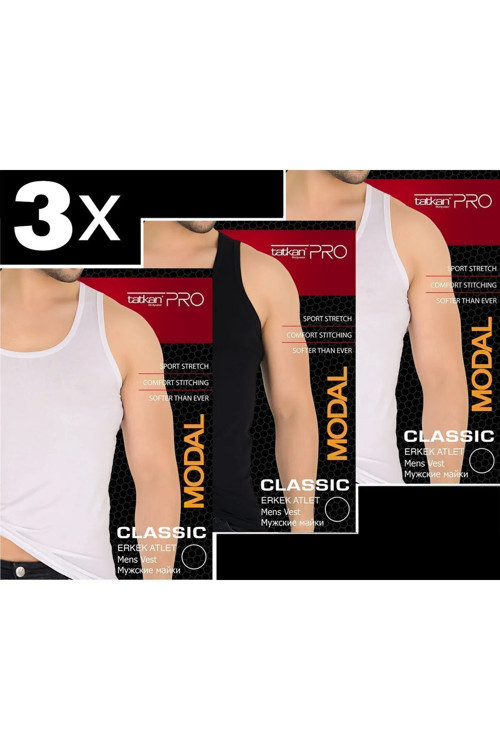 Erkek 3'Lü ( 2 Ad.Beyaz - 1 Ad. Siyah ) Askılı Penye Modal Klasik Atlet / Tatkan