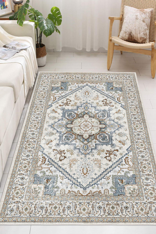 Vintage Desenli Şönil Kaymaz Taban Salon Halısı Oturma Odası Halısı