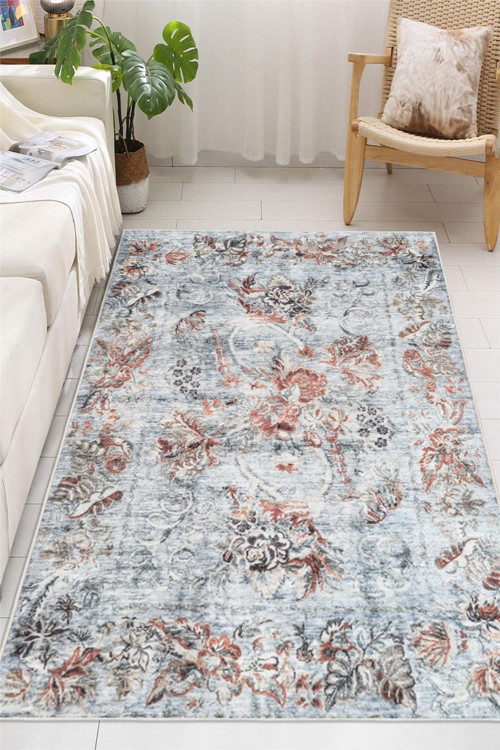 Eskitme Vintage Floral Dijital Baskılı Yıkanabilir Kaymaz Şönil Halı