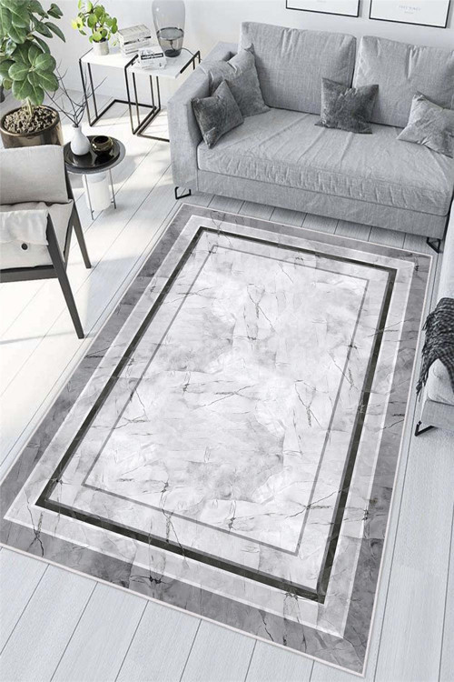 Gri Çerçeveli Mermer Desenli Dijital Baskılı Yıkanabilir Kaymaz Taban Halı