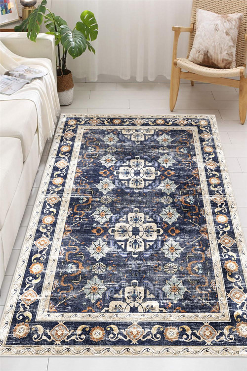 Vintage Desenli Kaymaz Taban Lacivert Yıkanabilir Şönil Salon Halısı Yolluk