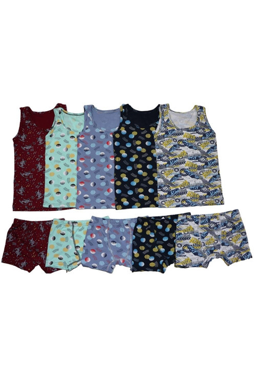 Erkek Çocuk 5'Li Pamuklu Rengarenk Atlet - Boxer ( Şortlu ) Takım