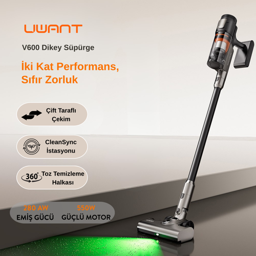 600W Motor Gücüne Sahip Otomatik Gri Dikey Süpürge V600