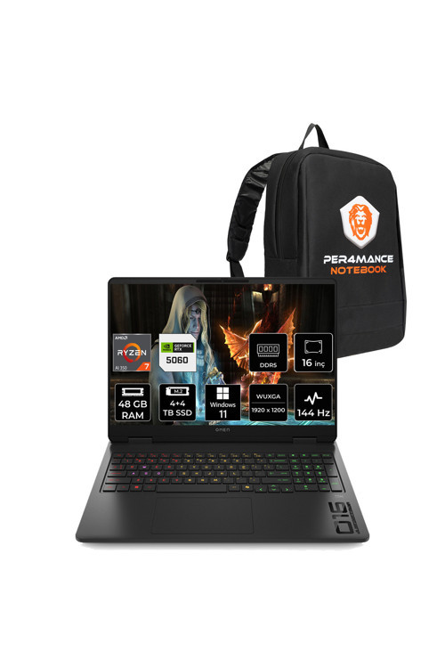 Omen16 Ryzen AI 7-350 48GB 4TB+4TB SSD RTX5060/8GB 16" FHD+ 144Hz W11H Gaming Laptop &Per4 Çanta