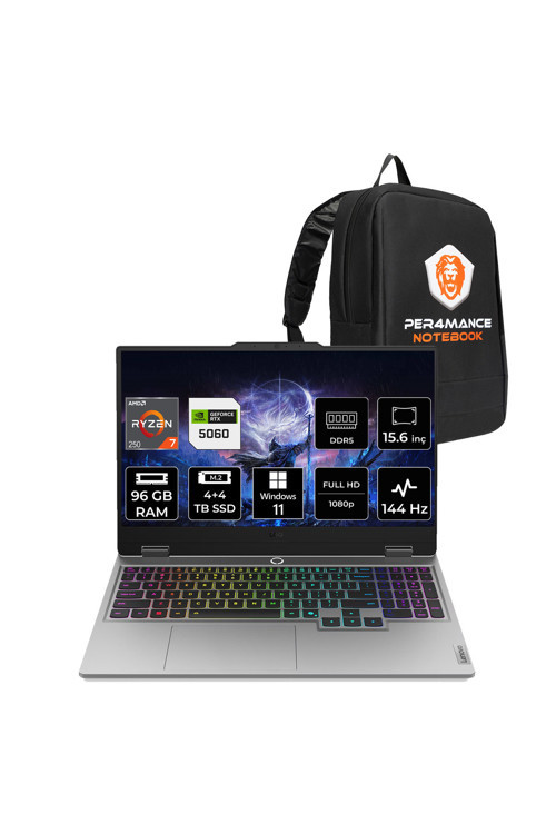 LOQ Ryzen 7 250 96GB 4TB+4TB SSD RTX5060/8GB 100W 15.6" FHD 144Hz W11P Gaming Laptop & Çanta