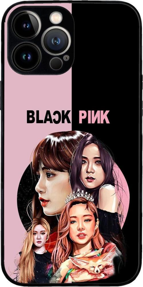 Apple iPhone 13 Pro ile Uyumlu Silikon Arkası Cam Kapak BlackPink Tasarımlı Cam Kılıf