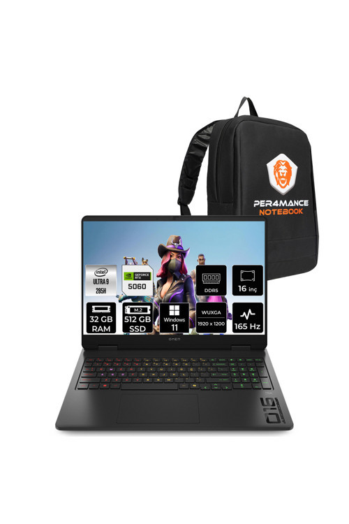 Omen Slim 16 Ultra 9 285H 32GB 512GB SSD RTX5060/8GB 16" FHD+ 165Hz W11H Gaming Laptop & Çanta