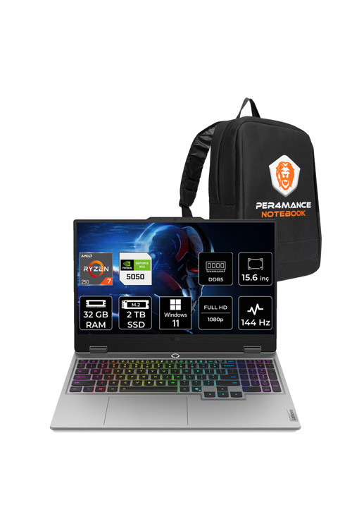 LOQ Ryzen 7 250 32GB 2TB SSD RTX5050/8GB 100W 15.6" FHD 144Hz W11H Gaming Laptop & Çanta