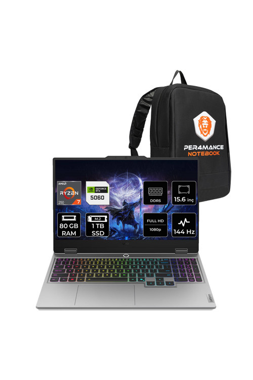LOQ Ryzen 7 250 80GB 1TB SSD RTX5060/8GB 100W 15.6" FHD 144Hz FDOS Gaming Laptop & Çanta