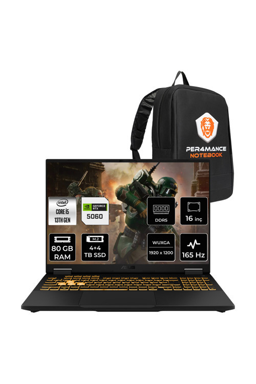 TUF F16 i5-13450HX 80GB 4TB+4TB SSD RTX5060/8GB 115W 16" FHD+ 165Hz FDOS Gaming Laptop & Çanta