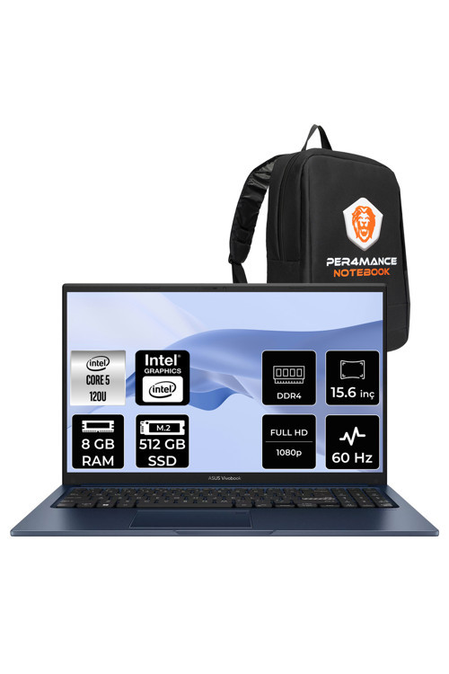 VivoBook 15 Intel Core 5 120U 8GB 512GB SSD 15.6" FHD FDOS Taşınabilir Bilgisayar & PER4 Çanta