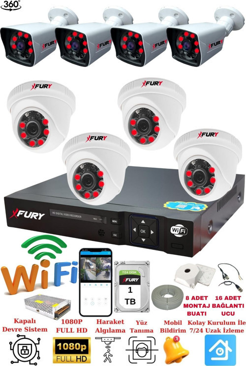 XFury 4 İç 4 Dış Kameralı 5mp Lens 2mp Görüntü Gece Görüşlü Full Hd Güvenlik Kamerası 14125525 1 TB