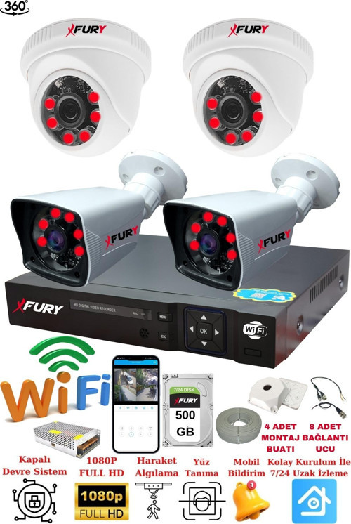 XFury 4 Kameralı 5mp 3.6mm Lens 2mp Görüntü 6 Atom Led Gece Görüşlü Full Hd Güvenlik Kamerası 251412 500GB