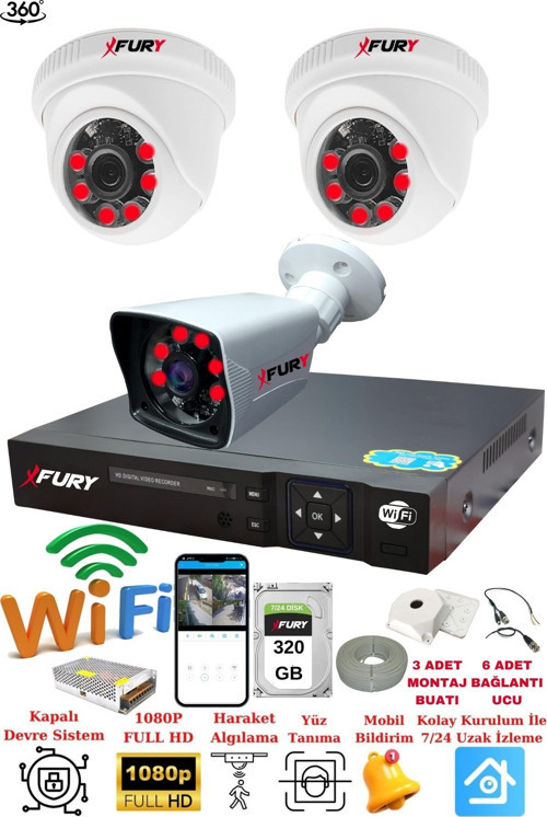 XFury 2 İç 1 Dış Kameralı 5mp Lens 2mp Görüntü Gece Görüşlü Full Hd Güvenlik Kamerası 14125525 320GB