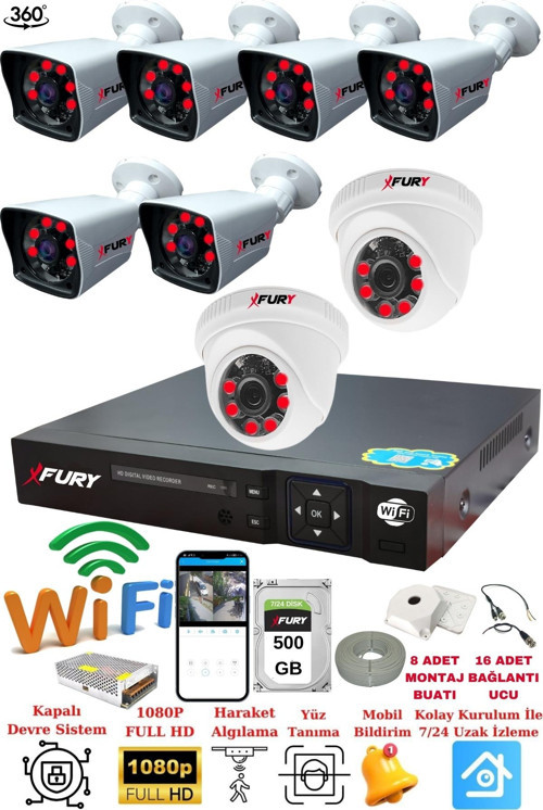 XFury 2 İç 6 Dış Kameralı 5mp Lens 2mp Görüntü Gece Görüşlü Full Hd Güvenlik Kamerası 14125525 500 GB