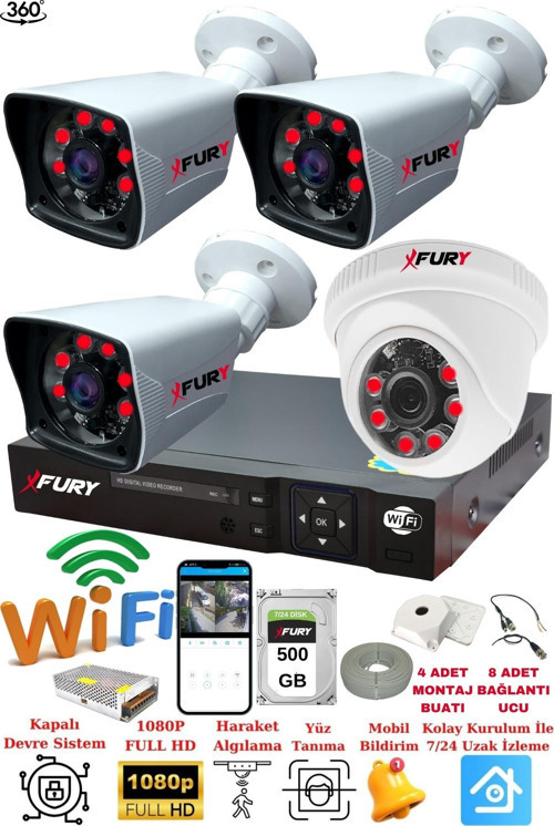 XFury 4 Kameralı 5mp 3.6mm Lens 2mp Görüntü 6 Atom Led Gece Görüşlü FullHd Güvenlik Kamerası 5525di 500GB