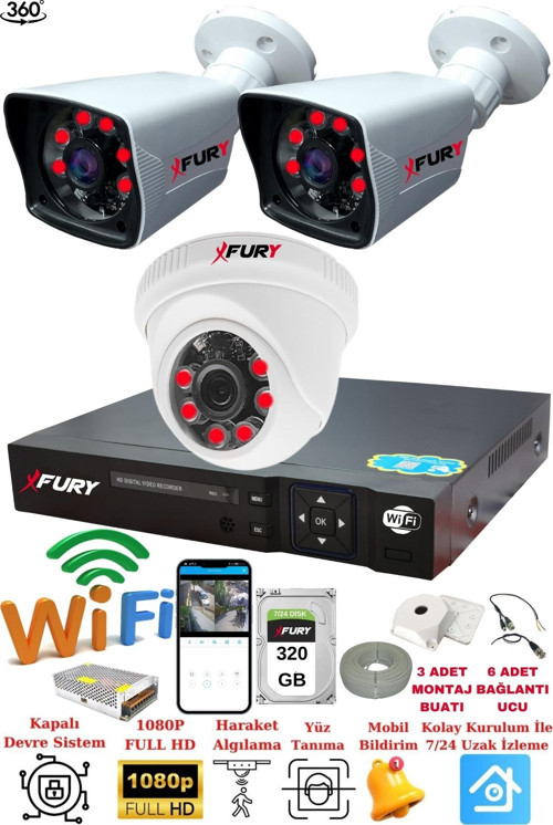 XFury 3 Kameralı 5mp 3.6mm Lens 2mp Görüntü 6 Atom Led Gece Görüşlü FullHd Güvenlik Kamerası 5525di 320GB