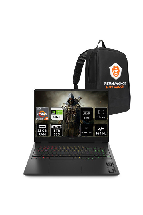 Omen 16 R9-8940HX 32GB 1TB SSD RTX5070/8GB 16" FHD+ 144Hz FDOS Gaming Laptop & Per4 Çanta