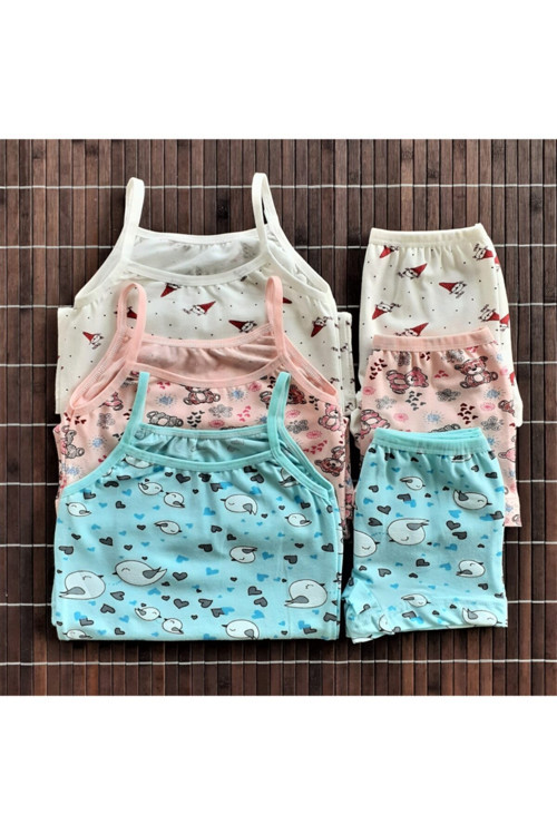 3 Adet Kız Çocuk Desenli Atlet Boxer Külot Takım Pamuklu Mint Somon Ekru Set