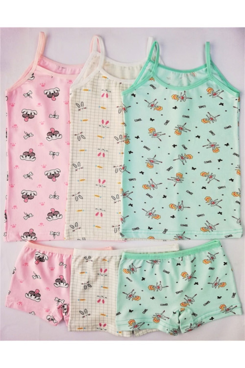 3 Adet Kız Çocuk Desenli Atlet Boxer Külot Takım Pamuklu Pembe Ekru Mint Set