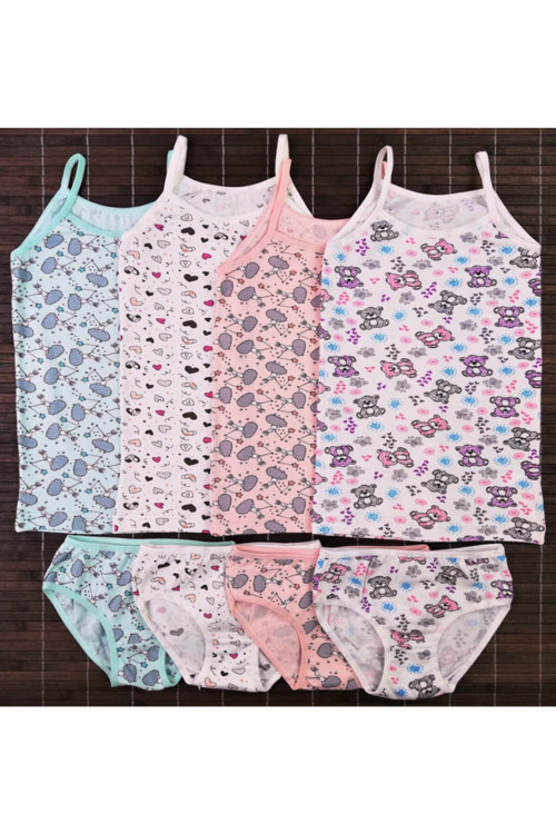 4 Adet Kız Çocuk Atlet Slip Külot Takım Pamuklu Desenli Mint Pembe Ekru Renkli