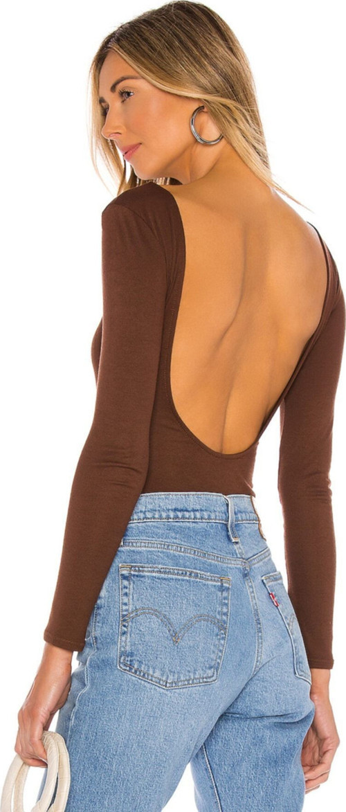 Kadın Kahverengi Sırt Dekolte Ipek Jarse Bodysuit