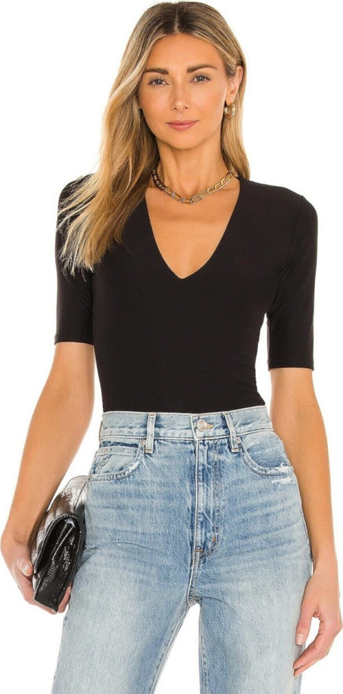 Kadın Siyah V Yaka Kısa Kol Ipek Jarse Bodysuit
