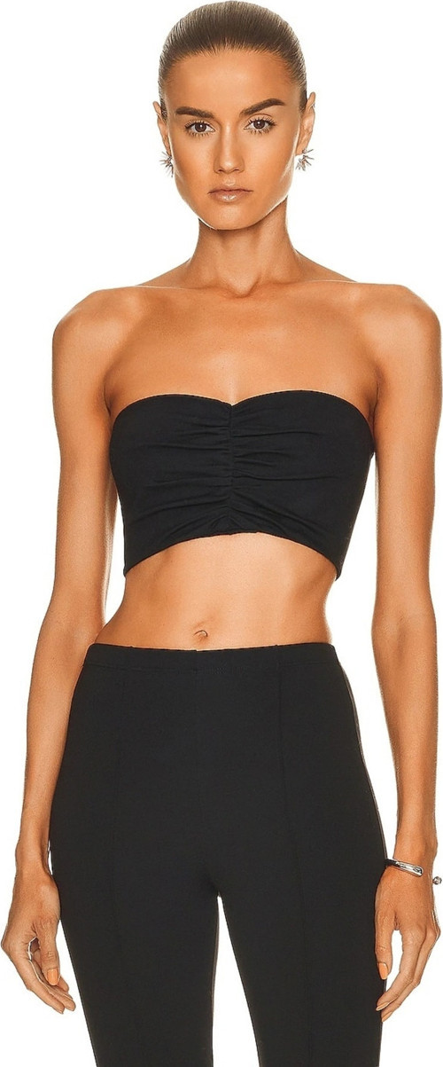 Kadın Siyah Jarse Önü Büzgülü Straplez Crop Top
