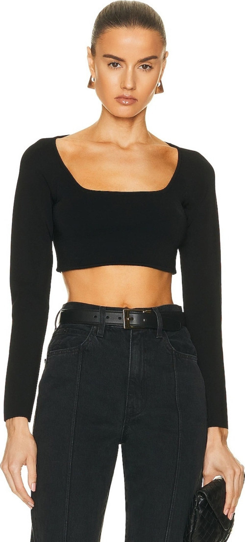 Kadın Siyah Çift Kat Jarse Kare Yaka Crop Top